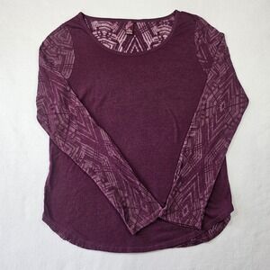 Prana Womens Large Plum Purple Burnout Geometric Long Sleeve Scoop Neck Top Boho
